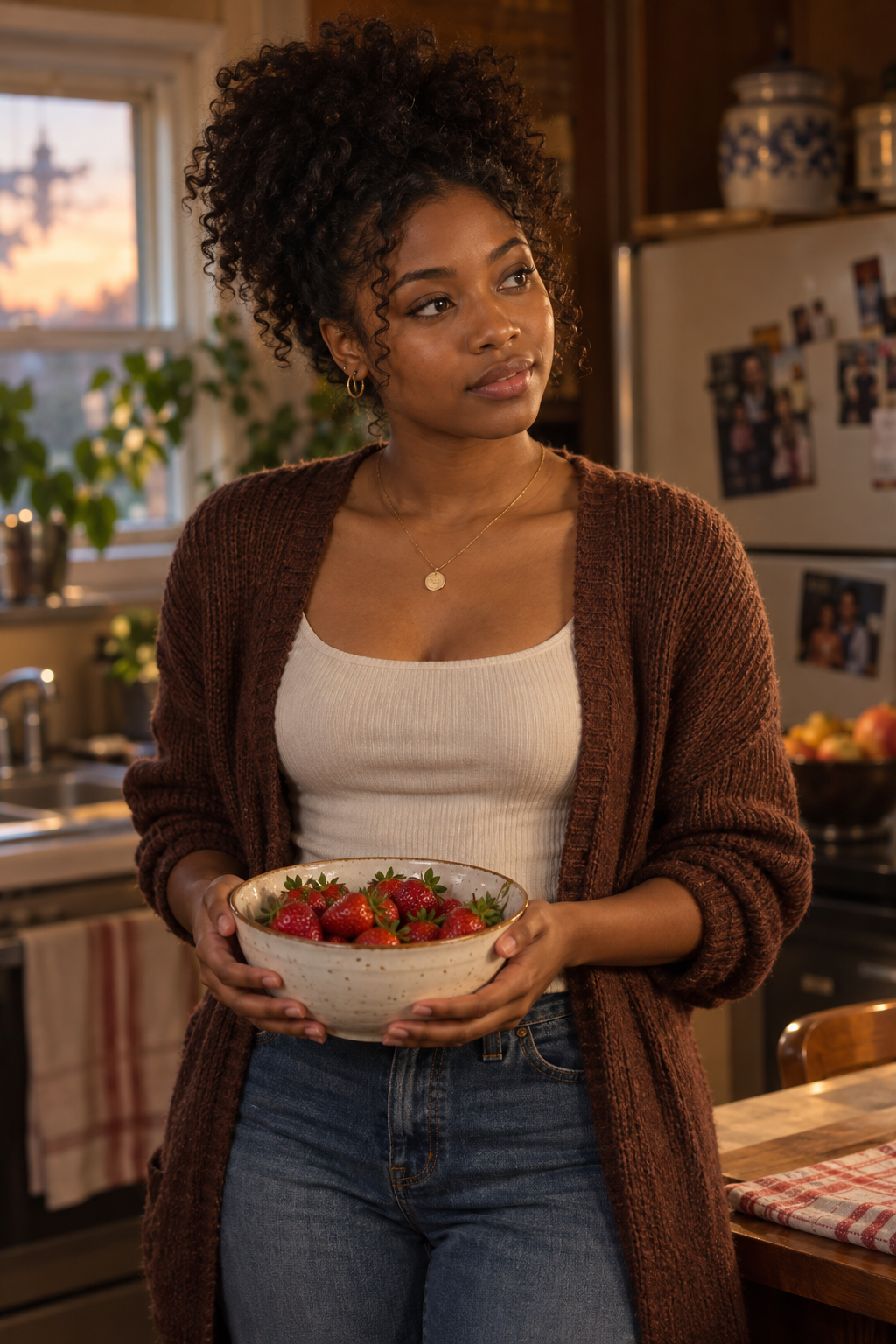 Connie Coleman holding a bowl of strawberries in the family kitchen